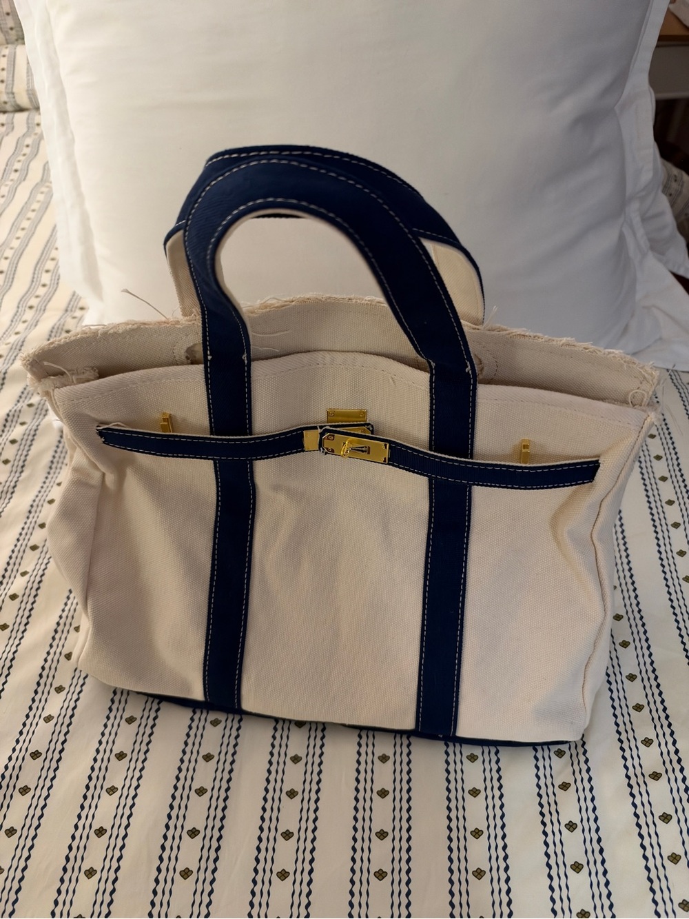 Canvas Boatkin Bag with Navy Trim and Gold Hardware